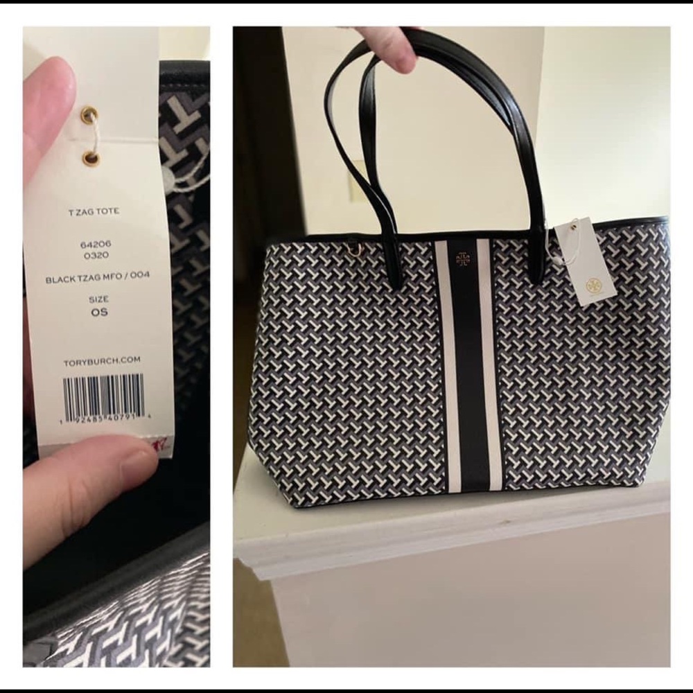 NWT Black & White Tory Burch T Zag Tote